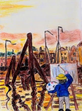 Tekening van Monet aan de ezel bij de haven