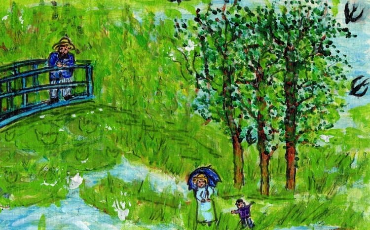 Kindertekening van bomen in een groen landschap