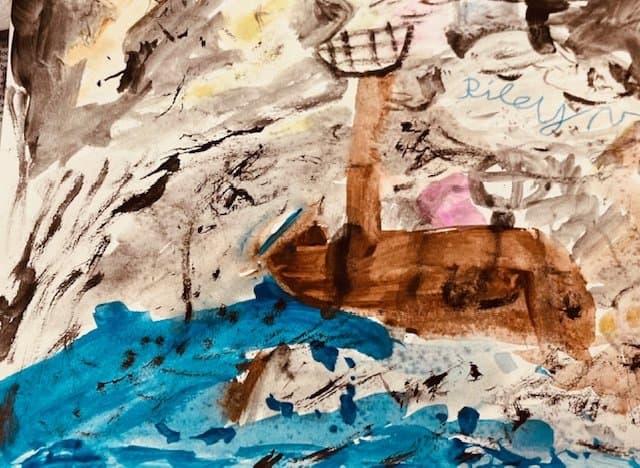Kindertekening van boten op het water