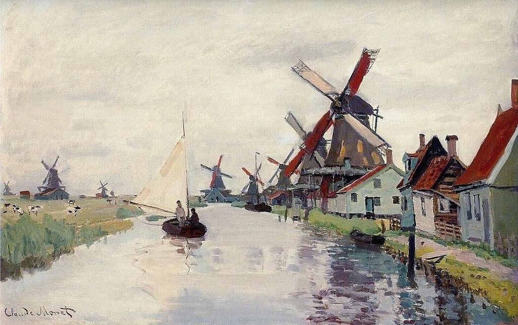 Monetschilderij van molens langs een Zaanse vaart