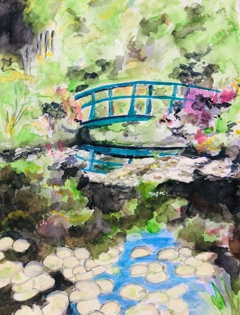 Tekening van de Japanse brug met waterlelies