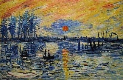 Schilderij van een zonsondergang die weerspiegelt in het water