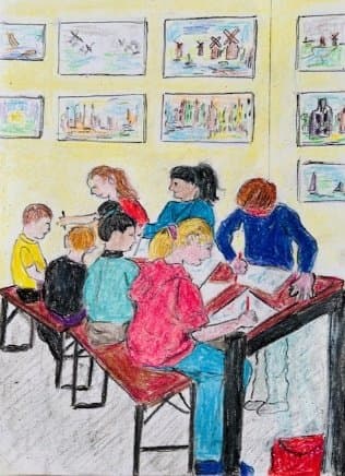 Tekening van leerlingen aan het werk in het Monet Atelier