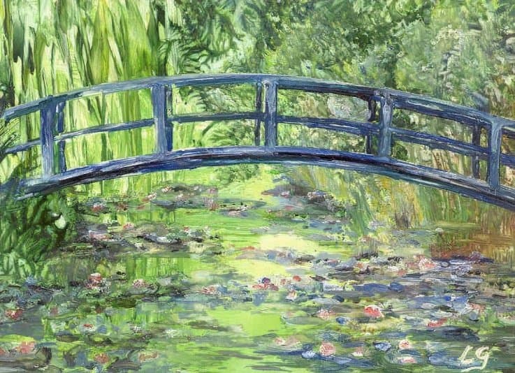 Schilderij van de Japanse brug in de tuin van Monet