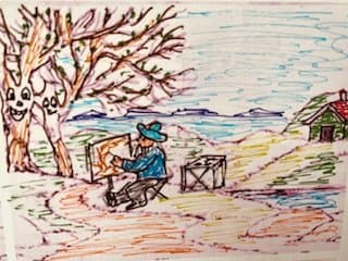 Tekening van Monet aan het schilderen in het landschap